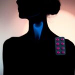 Illustration showing connection between birth control pills and thyroid function in women, featuring thyroid gland and contraceptive pills.