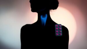 Illustration showing connection between birth control pills and thyroid function in women, featuring thyroid gland and contraceptive pills.