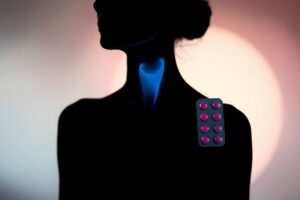 Illustration showing connection between birth control pills and thyroid function in women, featuring thyroid gland and contraceptive pills.