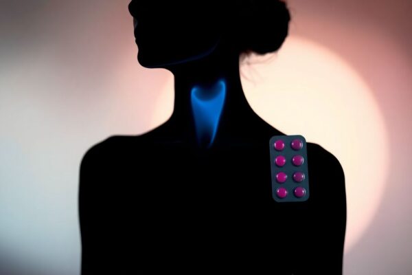 Illustration showing connection between birth control pills and thyroid function in women, featuring thyroid gland and contraceptive pills.