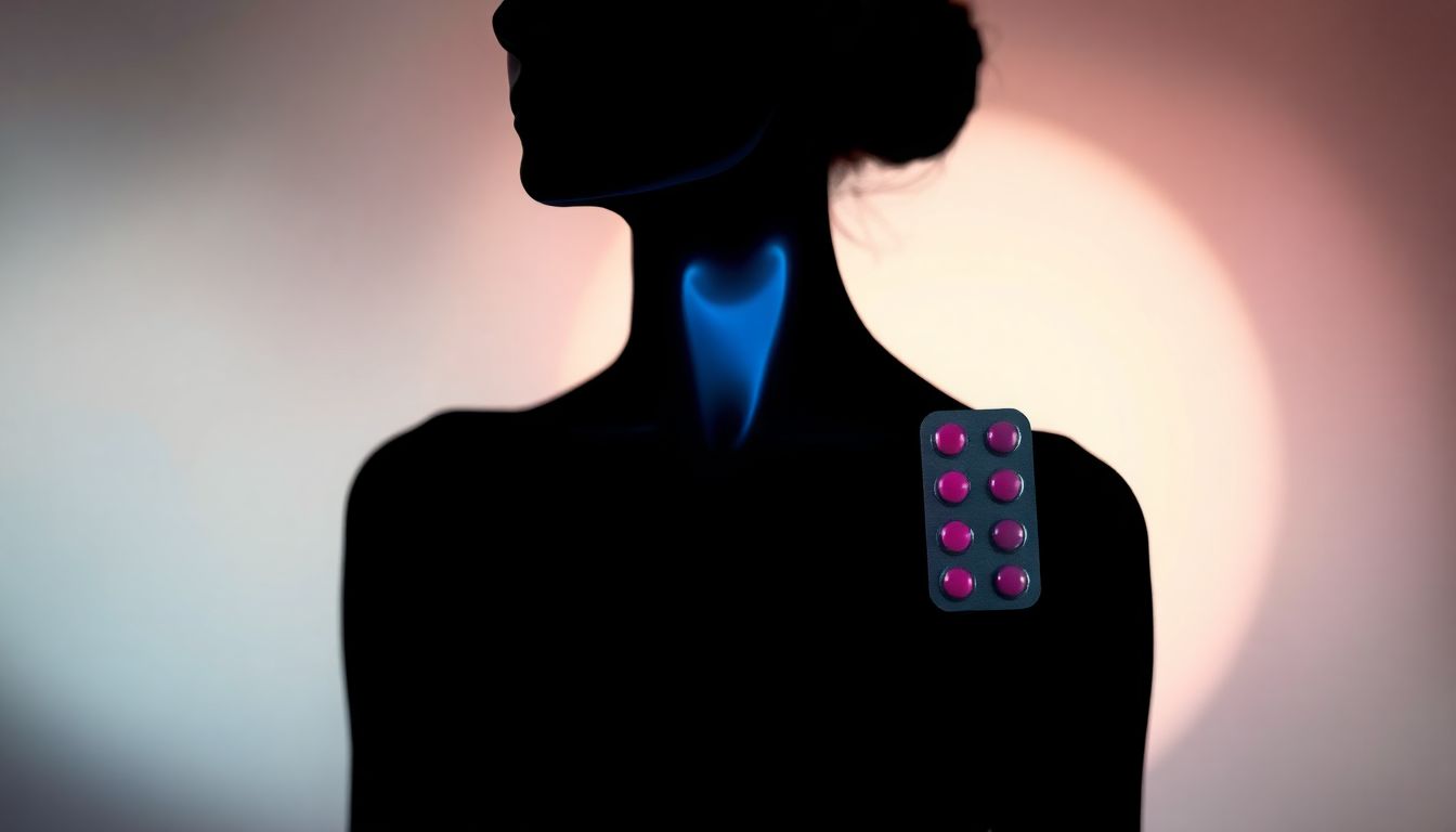 Illustration showing connection between birth control pills and thyroid function in women, featuring thyroid gland and contraceptive pills.