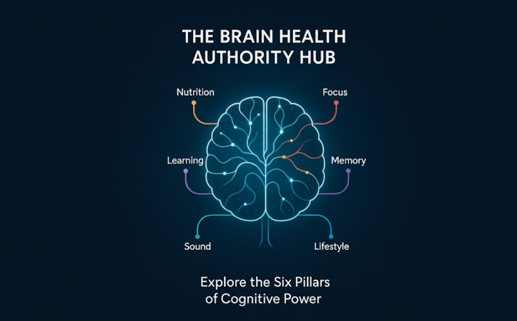 Abstract glowing brain with six connected pathways representing brain health categories.