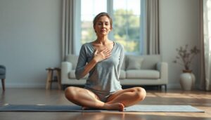 Woman practicing diaphragmatic breathing with one hand on her chest and one on her belly, demonstrating proper breathing technique.
