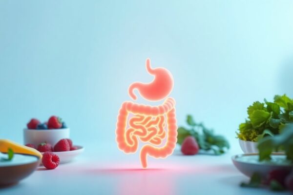 Illustration of a healthy digestive system surrounded by probiotic and fiber-rich foods.