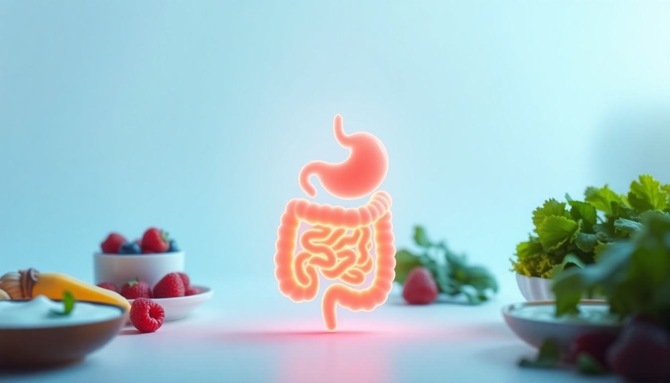 Illustration of a healthy digestive system surrounded by probiotic and fiber-rich foods.