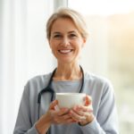 Smiling midlife woman finding natural menopause relief through balanced living.