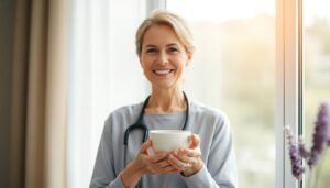 Smiling midlife woman finding natural menopause relief through balanced living.