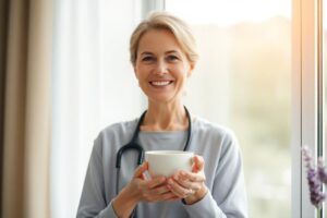 Smiling midlife woman finding natural menopause relief through balanced living.