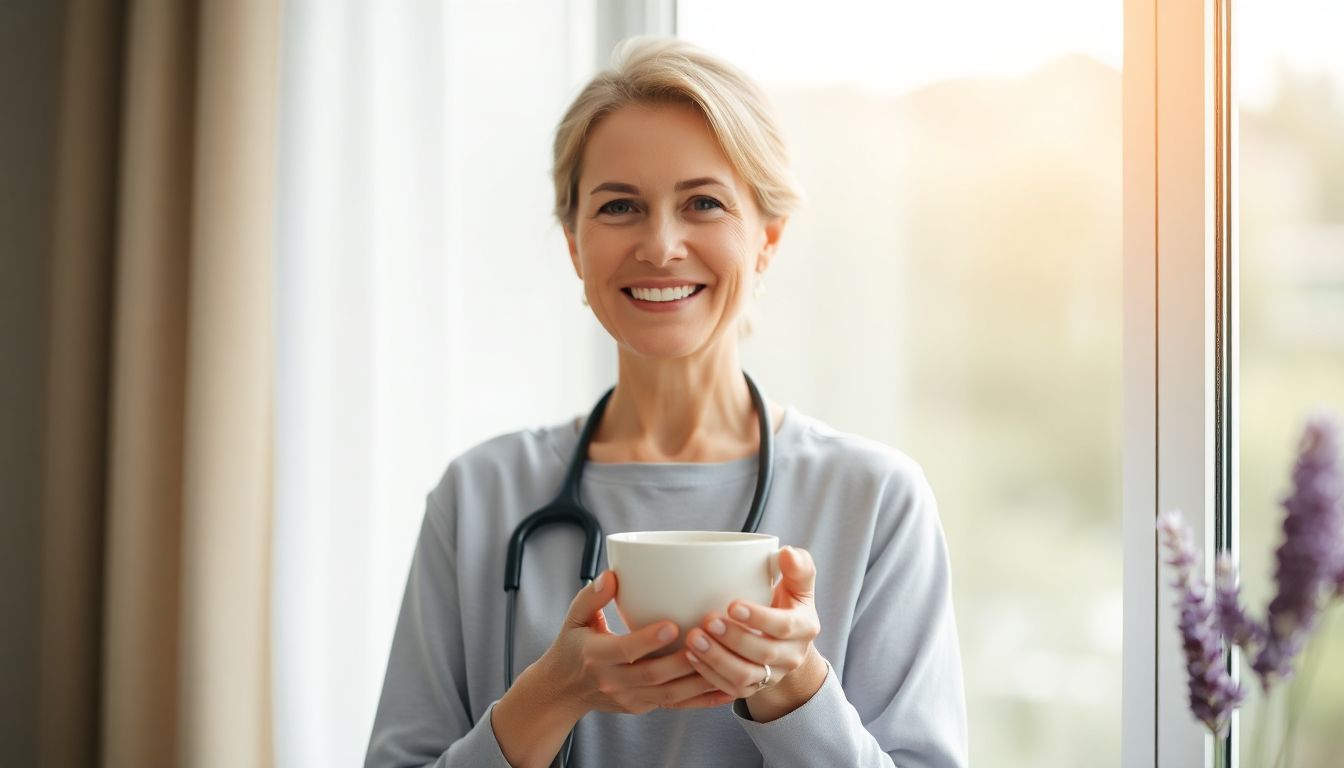 Smiling midlife woman finding natural menopause relief through balanced living.