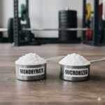 Creatine monohydrate and micronized creatine scoops side by side, showing texture difference.
