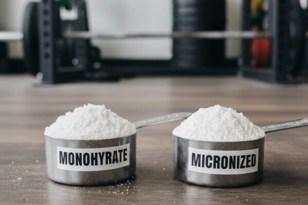 Creatine monohydrate and micronized creatine scoops side by side, showing texture difference.