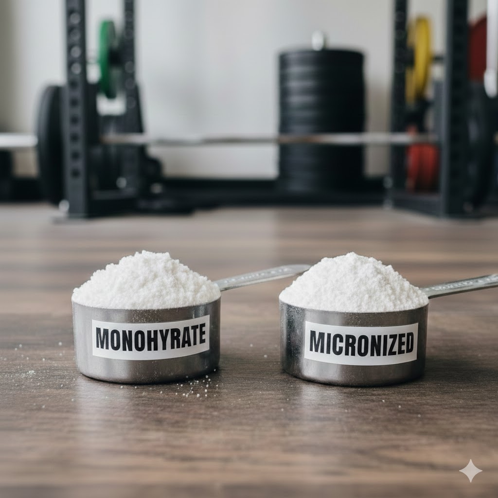Creatine monohydrate and micronized creatine scoops side by side, showing texture difference.