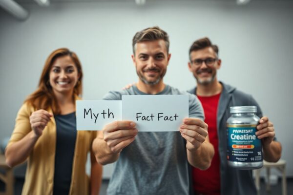 Diverse people holding “Myth” and “Fact” cards with creatine supplement, symbolizing debunking creatine misconceptions.