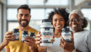 Diverse people holding creatine supplement bottles, symbolizing creatine safety for all ages.