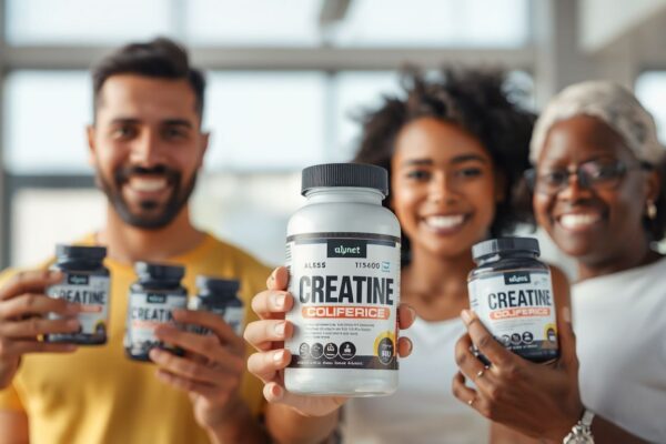 Diverse people holding creatine supplement bottles, symbolizing creatine safety for all ages.