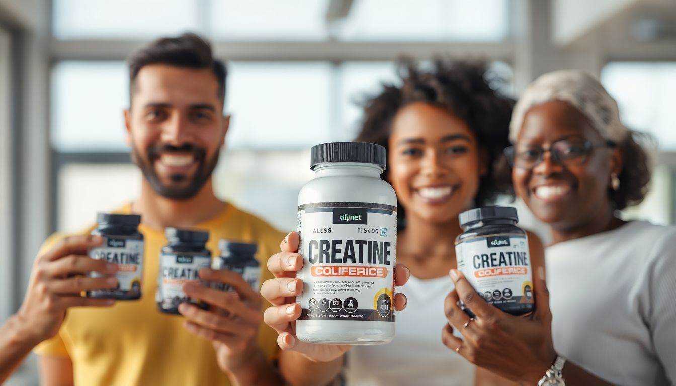 Diverse people holding creatine supplement bottles, symbolizing creatine safety for all ages.