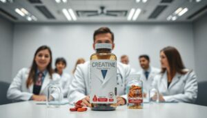 Creatine researchers at 2025 science conference with new supplement forms and molecular models.