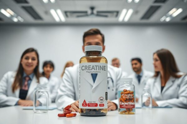 Creatine researchers at 2025 science conference with new supplement forms and molecular models.