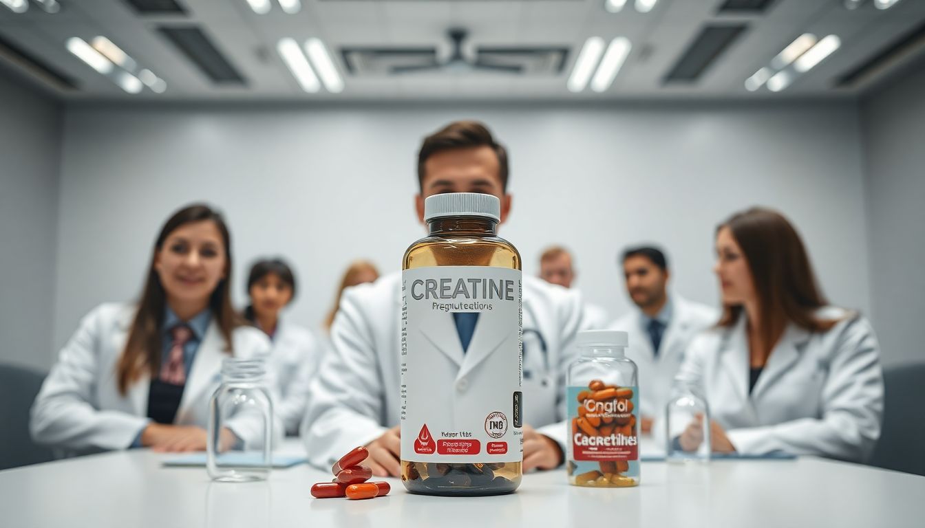 Creatine researchers at 2025 science conference with new supplement forms and molecular models.