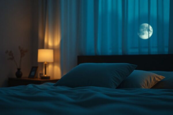 A serene, dark bedroom with a cooling pillow and soft blanket, representing the ideal environment for deep, restorative sleep.