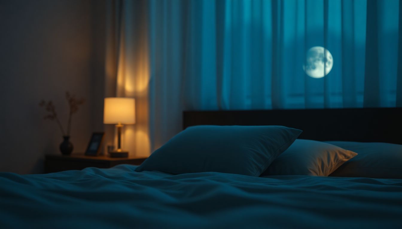 A serene, dark bedroom with a cooling pillow and soft blanket, representing the ideal environment for deep, restorative sleep.