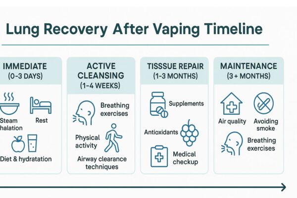 Step-by-step visual guide showing lung recovery process after quitting vaping with timeline and methods
