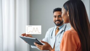 A doctor explains a spirometry graph to a patient, highlighting the difference between a normal and obstructive pattern.