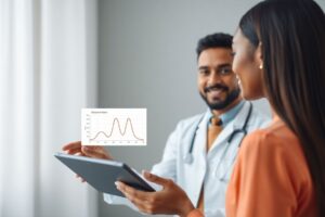 A doctor explains a spirometry graph to a patient, highlighting the difference between a normal and obstructive pattern.
