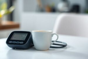 Cup of coffee next to a digital blood pressure monitor on a clean table.