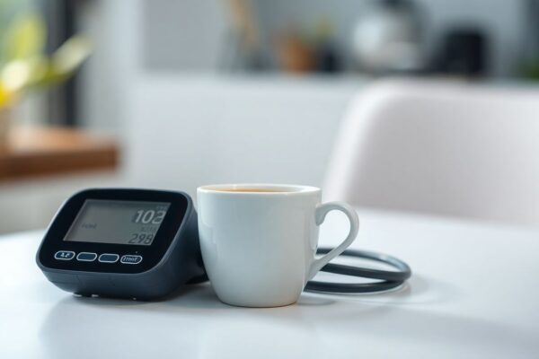 Cup of coffee next to a digital blood pressure monitor on a clean table.
