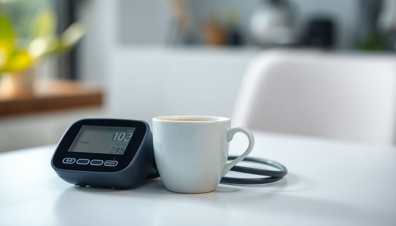 Cup of coffee next to a digital blood pressure monitor on a clean table.