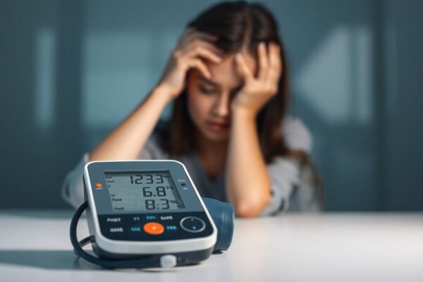 Person experiencing mild headache near a digital blood pressure monitor, symbolizing early signs of hypertension.