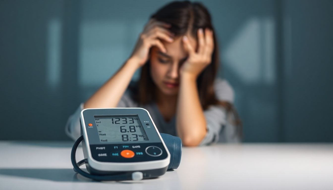 Person experiencing mild headache near a digital blood pressure monitor, symbolizing early signs of hypertension.