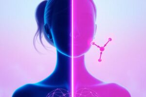 Illustration of the link between estrogen dominance and thyroid function in women, showing thyroid gland and hormone balance concept.