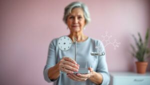 Mature woman learning about estrogen dominance vs deficiency during menopause.