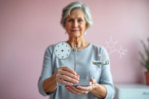 Mature woman learning about estrogen dominance vs deficiency during menopause.