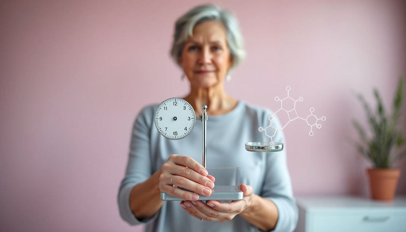 Mature woman learning about estrogen dominance vs deficiency during menopause.