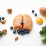 Brain-healthy foods such as salmon, blueberries, walnuts, and broccoli arranged in a brain shape.