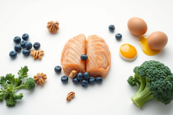 Brain-healthy foods such as salmon, blueberries, walnuts, and broccoli arranged in a brain shape.