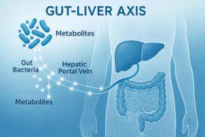 Infographic illustrating how gut bacteria metabolites travel to the liver to influence obesity and diabetes.
