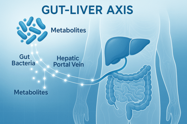 Infographic illustrating how gut bacteria metabolites travel to the liver to influence obesity and diabetes.
