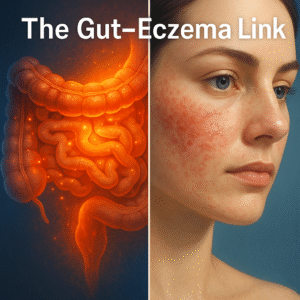Illustration showing the connection between gut inflammation and eczema flare-ups.