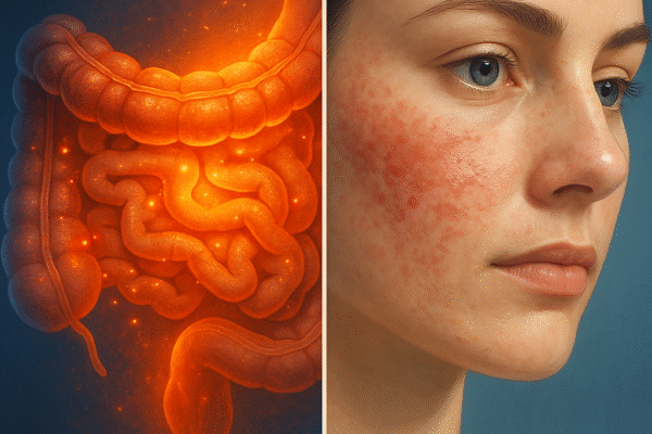 Illustration showing the connection between gut inflammation and eczema flare-ups.