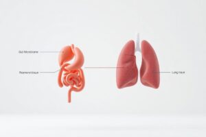 Diagram showing the biological connection between human digestive system and respiratory system, illustrating the gut-lung axis.