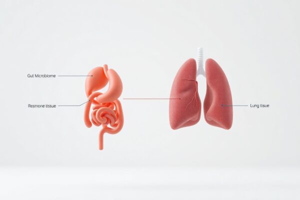 Diagram showing the biological connection between human digestive system and respiratory system, illustrating the gut-lung axis.