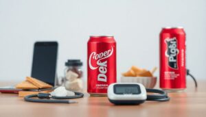 Everyday items like snacks, drinks, and a smartphone surrounding a blood pressure monitor.