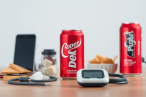 Everyday items like snacks, drinks, and a smartphone surrounding a blood pressure monitor.