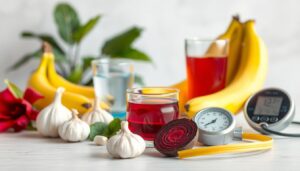 Home remedies for blood pressure including hibiscus tea, garlic, fruit, and a BP monitor.