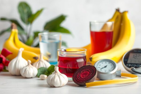 Home remedies for blood pressure including hibiscus tea, garlic, fruit, and a BP monitor.