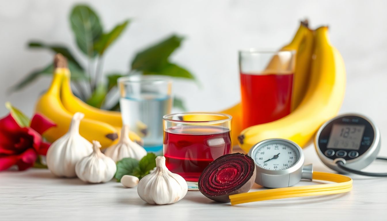 Home remedies for blood pressure including hibiscus tea, garlic, fruit, and a BP monitor.